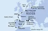 Warnemunde,Rotterdam,Brest,Bilbao,Leixoes,Malaga,Marseille,Genoa,Marseille