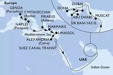 MSC WORLD EUROPA - trasa 23 nocy podróż z: Genua (Portofino) Italien w dniu 20/11/2027 - Genoa,Civitavecchia,Naples,Piraeus,Marmaris,Limassol,Alexandria,Suez Canal North,Suez Canal South,Muscat,Doha,Dubai,Dubai,Sir Bani Yas,Abu Dhabi