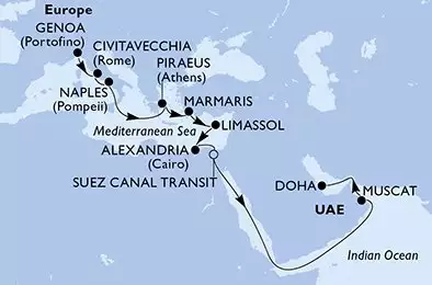 MSC WORLD EUROPA - trasa 19 nocy podróż z: Genua (Portofino) Italien w dniu 20/11/2027 - Genoa,Civitavecchia,Naples,Piraeus,Marmaris,Limassol,Alexandria,Suez Canal North,Suez Canal South,Muscat,Doha