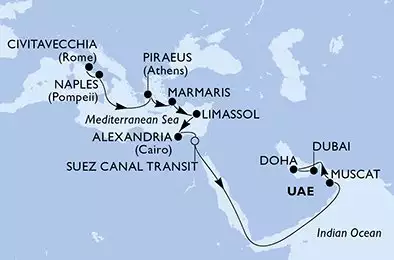 MSC WORLD EUROPA - trasa 20 nocy podróż z: Civitavecchia (Rome) Italy w dniu 21/11/2027 - Civitavecchia,Naples,Piraeus,Marmaris,Limassol,Alexandria,Suez Canal North,Suez Canal South,Muscat,Doha,Dubai,Dubai