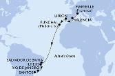 Marseille,Valencia,Lisbon,Funchal,Salvador,Ilheus,Rio de Janeiro,Santos