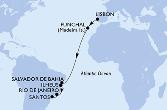 Lisbon,Funchal,Salvador,Ilheus,Rio de Janeiro,Santos