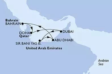 MSC WORLD EUROPA - trasa 7 nocy podróż z: Doha Qatar w dniu 09/12/2027 - Doha,Dubai,Dubai,Sir Bani Yas,Abu Dhabi,Bahrain,Doha