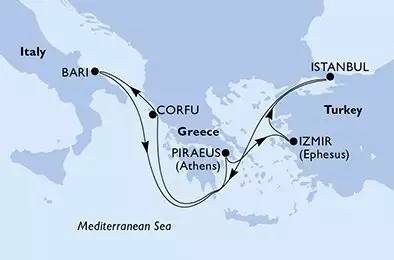 MSC ORCHESTRA  - trasa 7 nocy podróż z: Istanbul Turkey w dniu 15/12/2027 - Istanbul,Corfu,Bari,Piraeus,Izmir,Istanbul