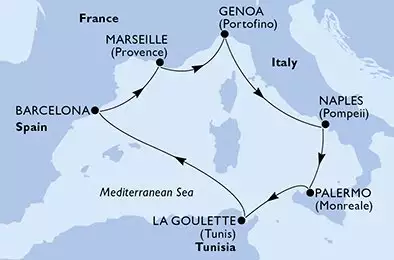 MSC EURIBIA - trasa 7 nocy podróż z: Marseille (Provence)France w dniu 31/10/2027 - Marseille,Genoa,Naples,Palermo,La Goulette,Barcelona,Marseille