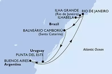 MSC SPLENDIDA - trasa 9 nocy podróż z: Rio de Janeiro Brazil w dniu 13/02/2027 - Rio de Janeiro,Ilhabela,Ilha Grande,Balneario Camboriu,Punta Del Este,Buenos Aires,Rio de Janeiro
