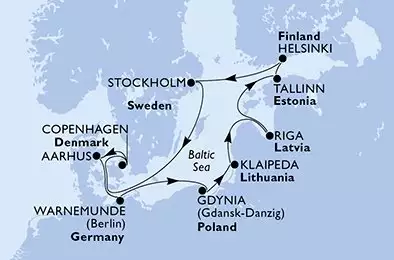 MSC MAGNIFICA - trasa 11 nocy podróż z: WarnemündeGermany w dniu 13/09/2026 - Germany,Poland,Lithuania,Latvia,Estonia,Finland,Sweden,Denmark