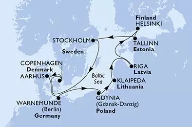 MSC MAGNIFICA - trasa 11 nocy podróż z: WarnemündeGermany w dniu 24/09/2026 - Germany,Poland,Lithuania,Latvia,Finland,Estonia,Sweden,Denmark