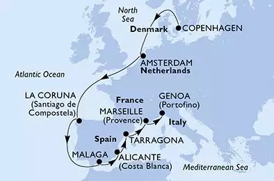 MSC EURIBIA - trasa 11 nocy podróż z: Copenhagen Denmark w dniu 10/10/2027 - Denmark,Netherlands,Spain,France,Italy