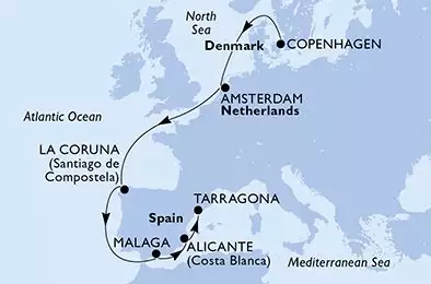 MSC EURIBIA - trasa 9 nocy podróż z: Copenhagen Denmark w dniu 10/10/2027 - Denmark,Netherlands,Spain