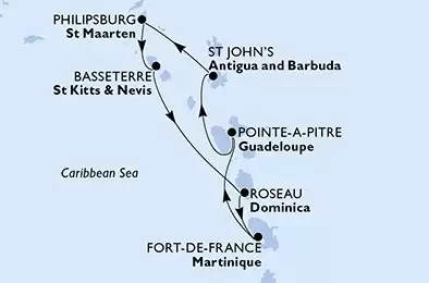 MSC WORLD EUROPA - trasa 7 nocy podróż z: Fort de France Martinique w dniu 05/12/2026 - Fort de France,Pointe-a-Pitre,St John s,Philipsburg,Basseterre,Roseau,Fort de France