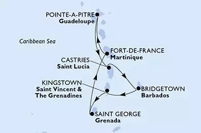 MSC WORLD EUROPA - trasa 7 nocy podróż z: Fort de France Martinique w dniu 12/12/2026 - Fort de France,Pointe-a-Pitre,Castries,Bridgetown,Kingstown ,Saint George,Fort de France