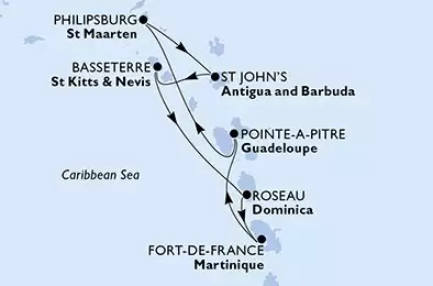 MSC WORLD EUROPA - trasa 7 nocy podróż z: Fort de France Martinique w dniu 19/12/2026 - Fort de France,Pointe-a-Pitre,Philipsburg,St John s,Basseterre,Roseau,Fort de France