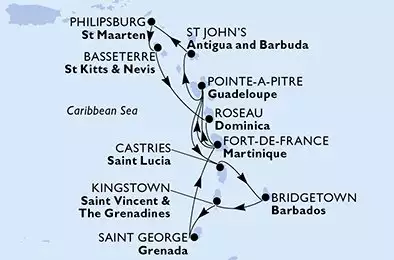 MSC WORLD EUROPA - trasa 14 nocy podróż z: Fort de France Martinique w dniu 05/12/2026 - Fort de France,Pointe-a-Pitre,St John s,Philipsburg,Basseterre,Roseau,Fort de France,Pointe-a-Pitre,Castries,Bridgetown,Kingstown,Saint George,Fort de France