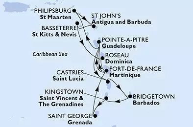 MSC WORLD EUROPA - trasa 14 nocy podróż z: Fort de France Martinique w dniu 12/12/2026 - Fort de France,Pointe-a-Pitre,Castries,Bridgetown,Kingstown,Saint George,Fort de France,Pointe-a-Pitre,Philipsburg,St John s,Basseterre,Roseau,Fort de France