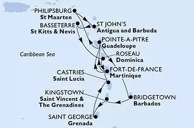 MSC WORLD EUROPA - trasa 14 nocy podróż z: Fort de France Martinique w dniu 26/12/2026 - Fort de France,Pointe-a-Pitre,Bridgetown,Kingstown,Saint George,Castries,Fort de France,Pointe-a-Pitre,Philipsburg,St John s,Basseterre,Roseau,Fort de France