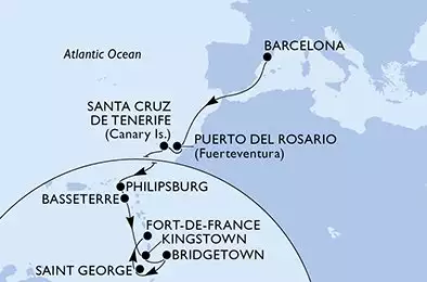 MSC WORLD EUROPA - trasa 17 nocy podróż z: Barcelona Spanien w dniu 18/11/2026 - Barcelona,Puerto del Rosario,Santa Cruz de Tenerife,Philipsburg,Basseterre,Kingstown,Bridgetown,Saint George,Fort de France
