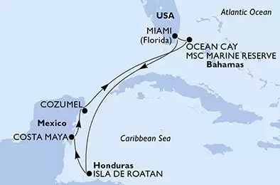 MSC WORLD AMERICA - trasa 7 nocy podróż z: Miami United States w dniu 01/07/2028 - Miami,Isla de Roatan,Costa Maya,Cozumel,Ocean Cay,Miami