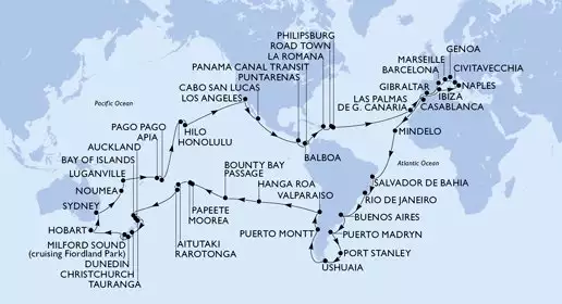 MSC MAGNIFICA - trasa 121 nocy podróż z: Genoa (Portofino) Italy w dniu 05/01/2027 - Italy,France,Spain,Gibraltar,Morocco,Cape Verde,Brazil,Argentina,Falkland Islands (Malvinas),Chile,Pitcairn,French Polynesia,Cook Islands,New Zealand,Australia,New Caledonia,Vanuatu,Samoa,American Samoa,United States,Mexico,Costa Rica,Panama,Dominican Republic,Virgin Islands,Netherlands Antilles