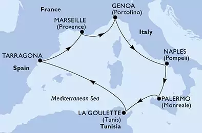 MSC EURIBIA - trasa 7 nocy podróż z: Genoa (Portofino) Italy w dniu 25/10/2027 - Italy,Tunisia,Spain,France